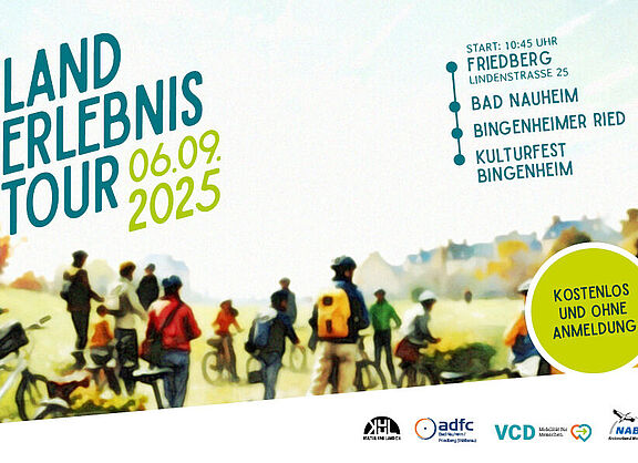 Auf dem Share Pic werden die wichtigsten Daten zur Landerlebnis Tour 2025 gezeigt. Im Hintergrund sind Radfahrer zu sehen. Datum: 06.09.2025 Start 10:45 in Friedberg, Lindenstraße 25 Stationen Bad Nauheim Bingenheimer Ried Kulturfest Bingenheim