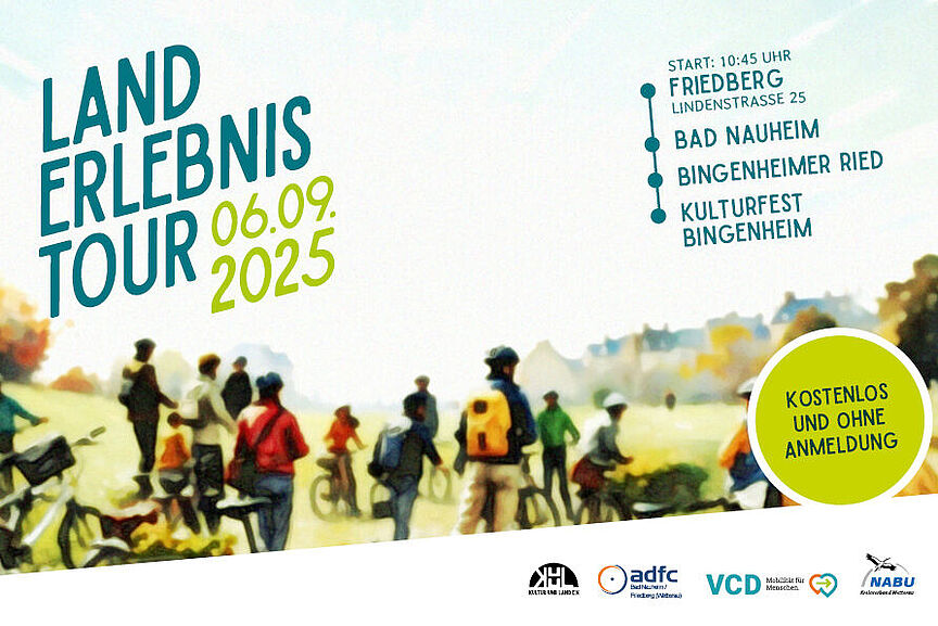 Landerlebnistour 2025 Auf dem Share Pic werden die wichtigsten Daten zur Landerlebnis Tour 2025 gezeigt. Im Hintergrund sind Radfahrer zu sehen. Datum: 06.09.2025 Start 10:45 in Friedberg, Lindenstraße 25 Stationen Bad Nauheim Bingenheimer Ried Kulturfest Bingenheim