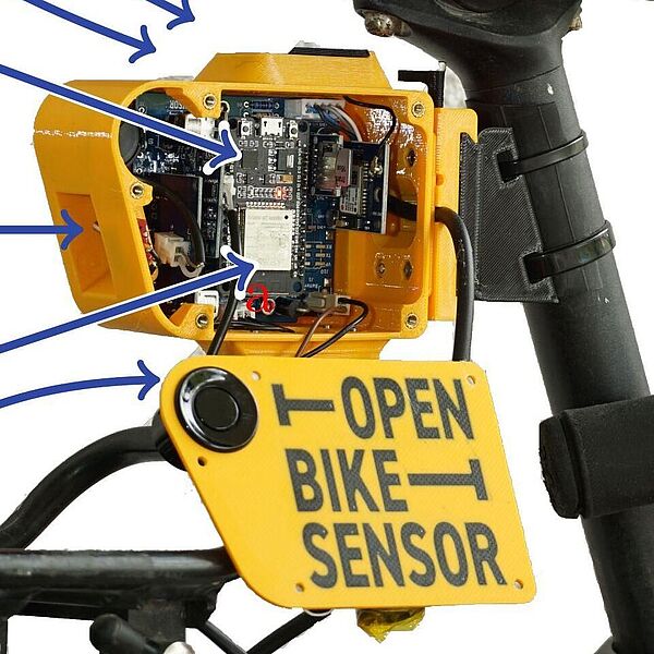 Ein geöffneter OpenBikeSensor an der Sattelstange ist zu sehen. Die Bauteile sind beschriftet.  Am Lenker ist der Auslöseknopf für die Bestätigung eines Überholvorgangs zu sehen.