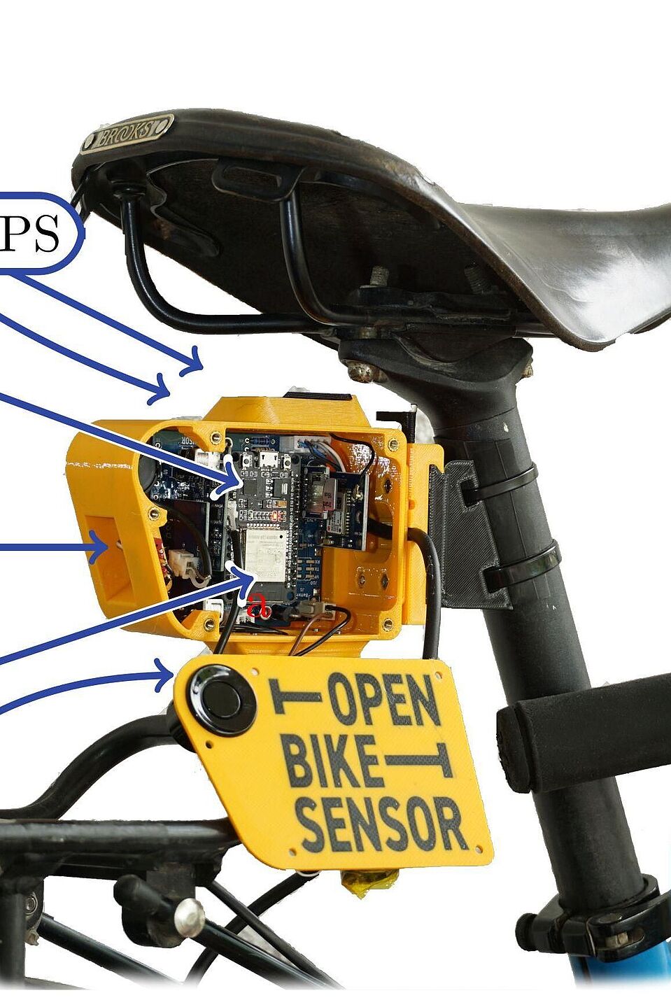 OBS Bauteile Skizze - für die komplette Skizze steht der Download unten bereit. Ein geöffneter OpenBikeSensor an der Sattelstange ist zu sehen. Die Bauteile sind beschriftet. Am Lenker ist der Auslöseknopf für die Bestätigung eines Überholvorgangs zu sehen.